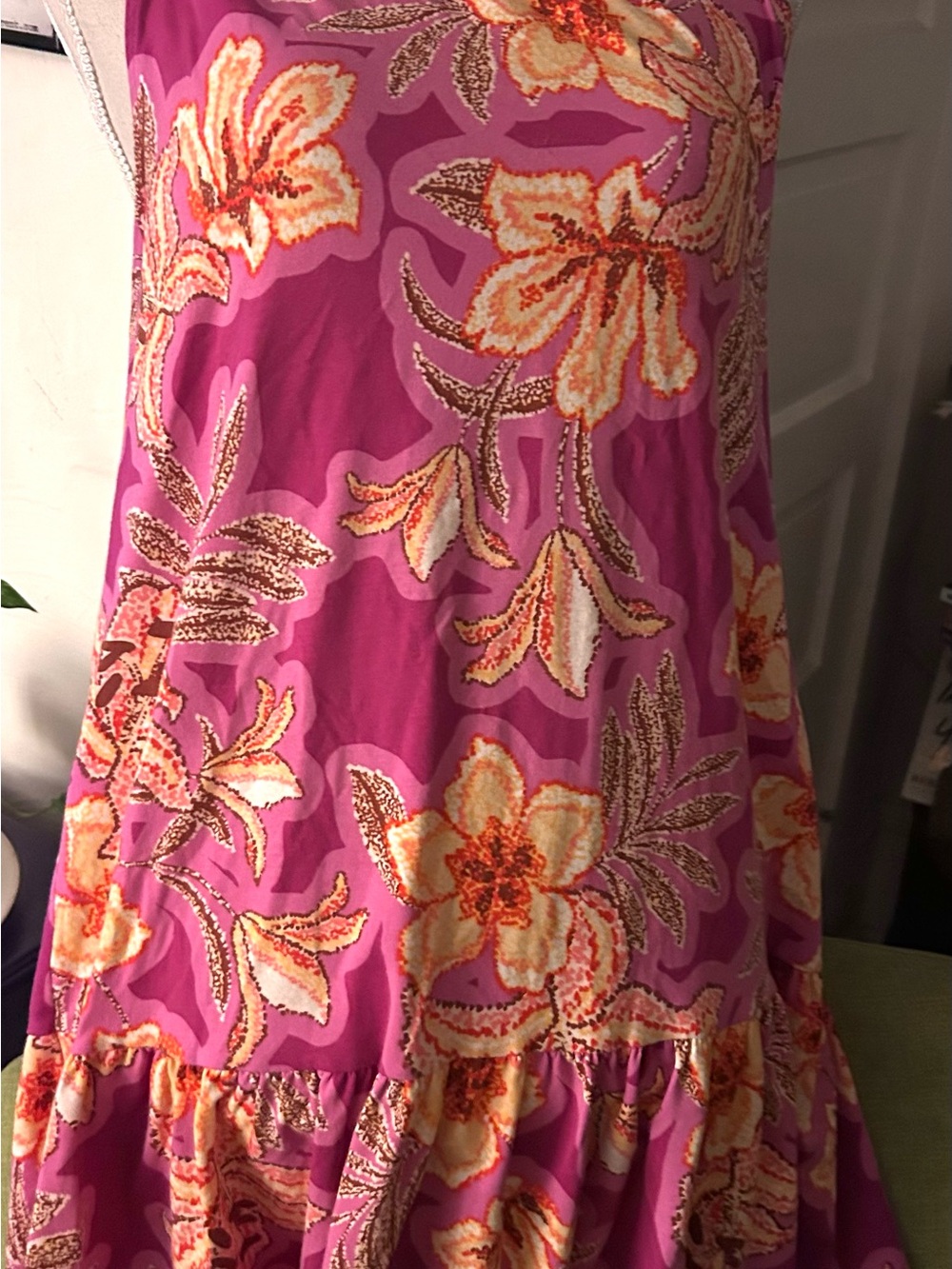 Loft A-Line Sun Dress — Pink with Yellow and Orange Tropical Print